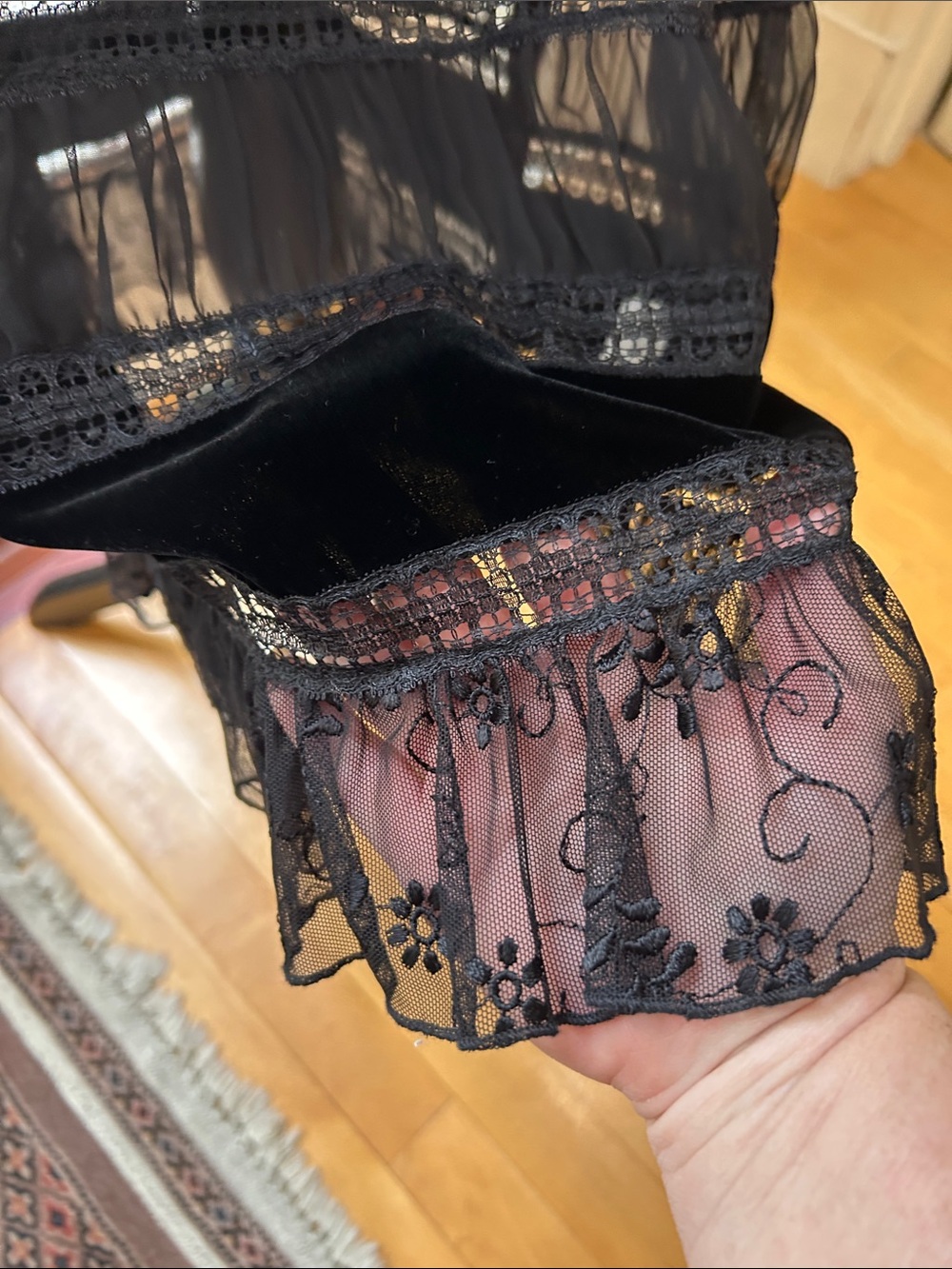 Black Velvet Lace-Trim Midi Skirt - Picture 2 of 8